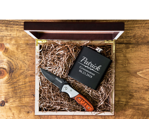 Wooden Gift Set - Flask and Knife, Personalized Groomsmen Gift